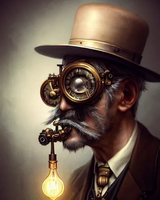 Image similar to steampunk old man portrait, handsome, steampunk hat, detective coat, steampunk monocle, smoking pipe, hyper realistic 3 d render by ilya kuvshinov, peter mohrbacher, greg rutkowski, ryohei hase, dramatic lighting, intricate, highly detailed, sharp focus, luminous, unreal engine, blender, deviant art, masterpiece, ray tracing