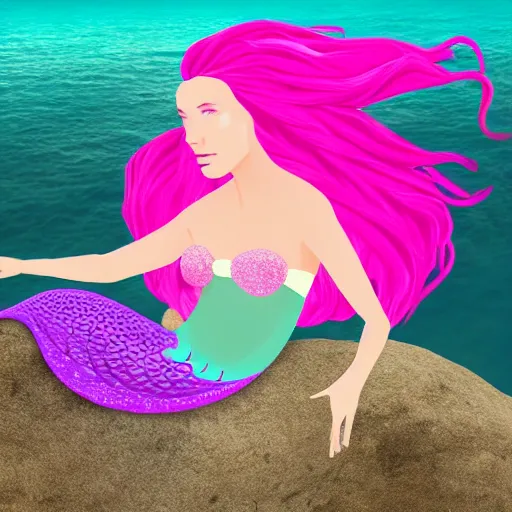 Prompt: a mermaid with pink hair, full body, sitting on a rock floating in the sea, photo realistic