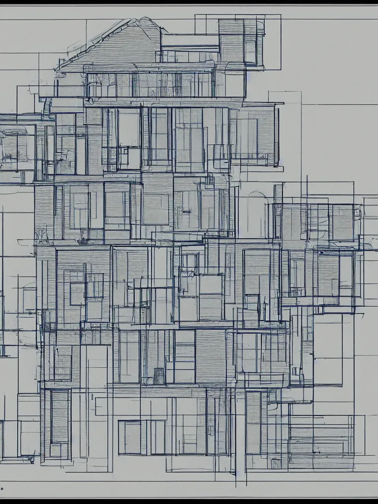 Image similar to Architecture blueprint copy, an impossible building. Vertical cut. Technical drawing