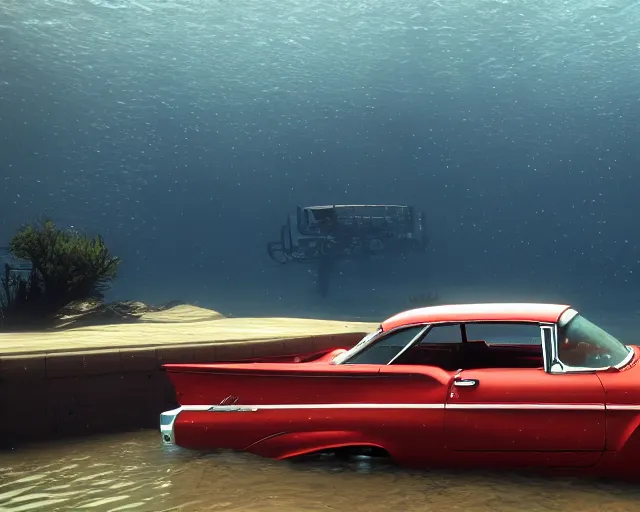 Image similar to red 1 9 5 8 plymouth fury submerged under water, cinematic, photoreal, by red dead redemption 2