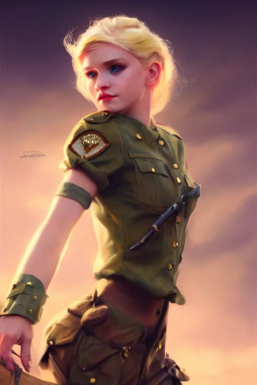 Image similar to cinematic shot of an epic portrait of a cute blonde fairy dressed in military clothes, stylised military clothes, shiny skin, beautiful eyes, beautiful, small details, night setting, realistic poster with volumetric light from craig mallism, artgerm, jeremy lipkin and michael garmash, unreal engine, radiant light, digital art, trends at art station, a masterpiece