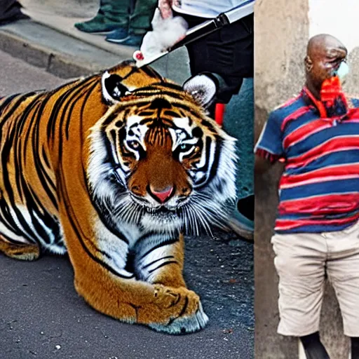 Image similar to photography of a tiger and a policeman smoking marijuana in the streets