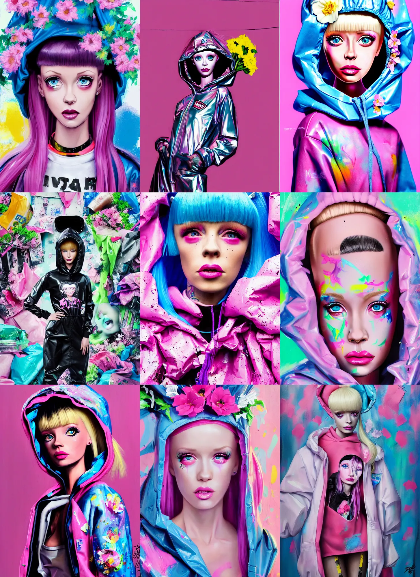 Prompt: still from music video of barbie from die antwoord standing in a township street, wearing a trashbag hoodie garbage bag and flowers, street fashion, full figure portrait painting by martine johanna, ilya kuvshinov, rossdraws, pastel color palette, shiny plastic, spraypaint, detailed impasto brushwork, impressionistic, gene tierney