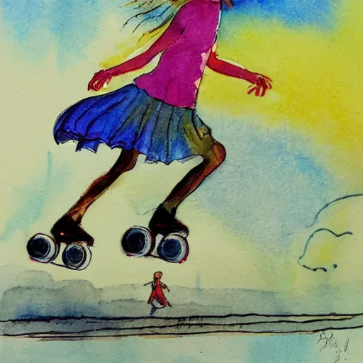 Prompt: a girl riding rollerskates, peculiar environment, water colors on paper, by roald dahl