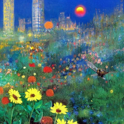 Prompt: a very beautiful eco - friendly environmental future!!! city cityscape, flying cars and alleviated trains and solar power, lots of plants and flowers, sunrise, style of olidon redon
