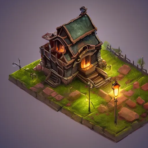 Prompt: isometric 3 d fantasy cute building, smoth 3 d illustration, cinematic matte painting, soft render, servando lupini, handpaint texture, blender, 3 dcoat