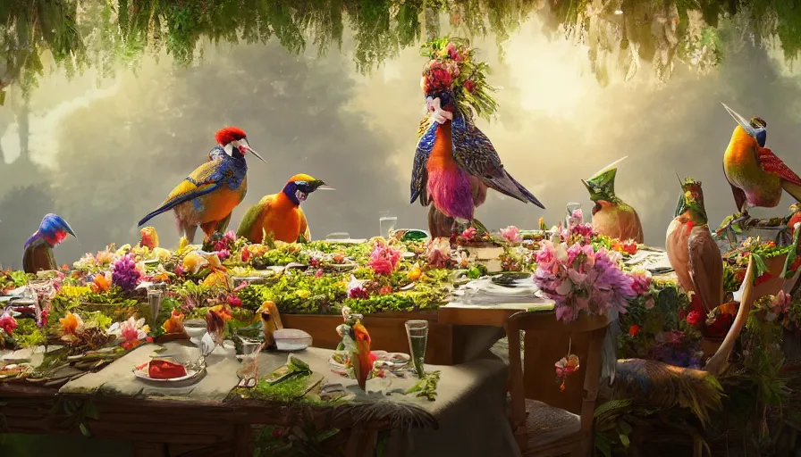 Image similar to a table dinner of exotic birds where birds are dressed like the characters from the midsommar movie wearing flowers, realistic detailed digital art by maxwell boas jessica rossier christian dimitrov anton fadeev trending on artstation cgsociety rendered in unreal engine 4 k hq