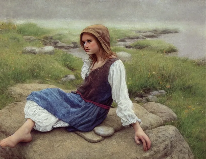 Image similar to peasant girl sitting on a stone by a shore of river, cottage core, cinematic focus, polaroid photo bleached vintage pastel colors high - key lighting, soft lights, foggy, by steve hanks, by lisa yuskavage, by serov valentin, by tarkovsky, 8 k render, detailed, oil on canvas