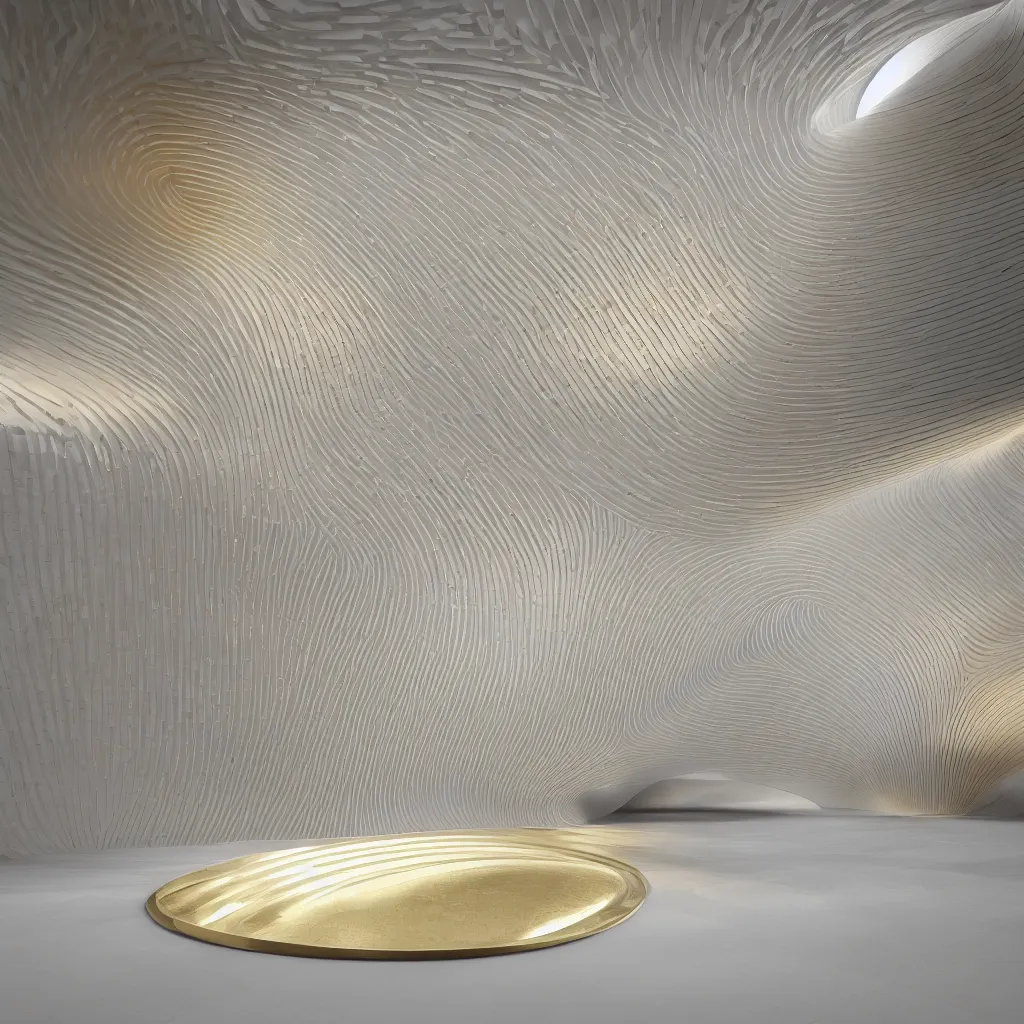 Image similar to an incredibly smooth curvilinear modern neo baroque interior architectural sculpture, a golden pool on the ground is envelope by folding white surfaces, blue light, visually satisfying architecture render