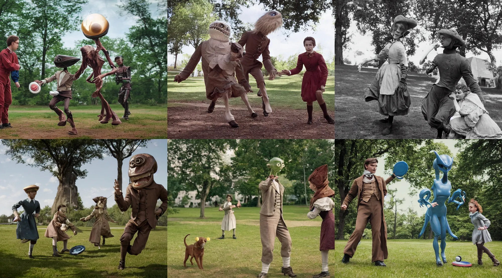 Prompt: detailed, sharp, a boy and a girl playing frisbee with their cute pet humanoid alien, wearing 1850s era clothes, in a park on an alien planet, extremely highly detailed, in focus faces, 70 mm still from a period sci fi color movie, 4k, HD, cinematic lighting