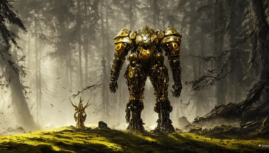 Image similar to large walking mech covered in gold and silver armor with elden ring aesthetic, covered in moss and birds, glowing lights, beautiful forests and trees, intricate detail, epic wallpaper, art by darek zabrocki and John Park and Feng Zhu and Jason Chan, trending on artstation, masterpiece.