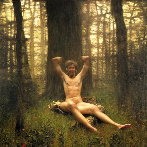 Image similar to detailed and oil painting, hyper realistic | cinematic lighting, award - winning | an unconscious businessman floating in the misty forest | by austin osman spare, by gustav klimt, by william waterhouse and tom bagshaw | trending on artstation, cgsociety, official art, octane.