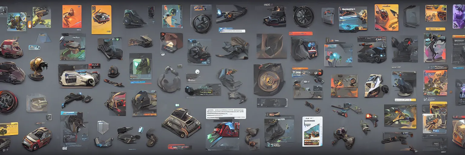 Image similar to car engine car parts concept art, cards, comic page, realistic fortnite, ui cards