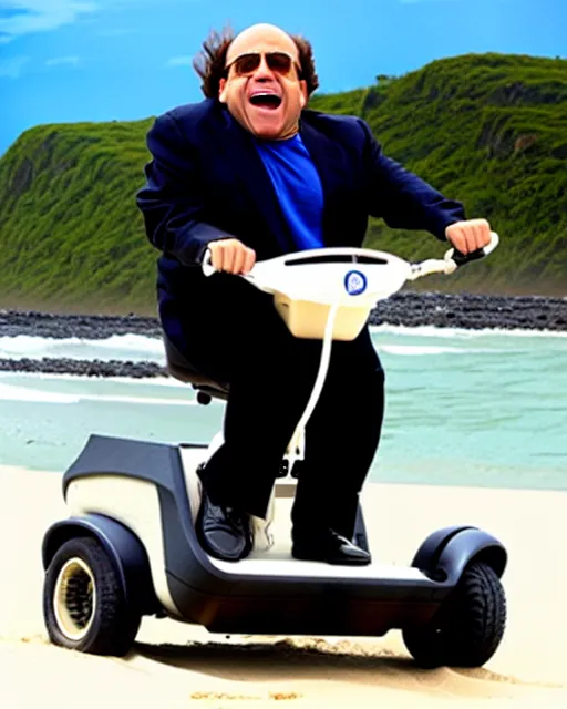 Image similar to Danny Devito as Gob in Arrested Development, riding on a Segway on the beach