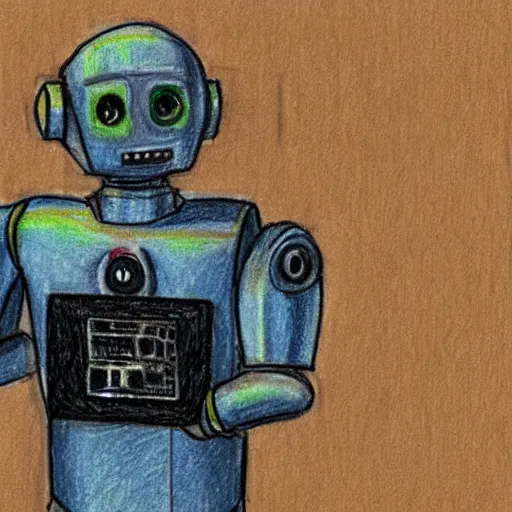 Image similar to humanoid robot testifying on stand in courtroom, courtroom sketch, messy color pencil sketch, droid