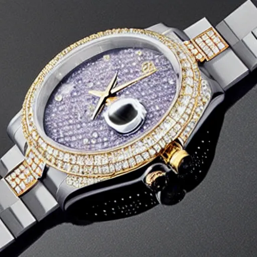 Prompt: futuristic rolex watch blinged out with gems from other worlds