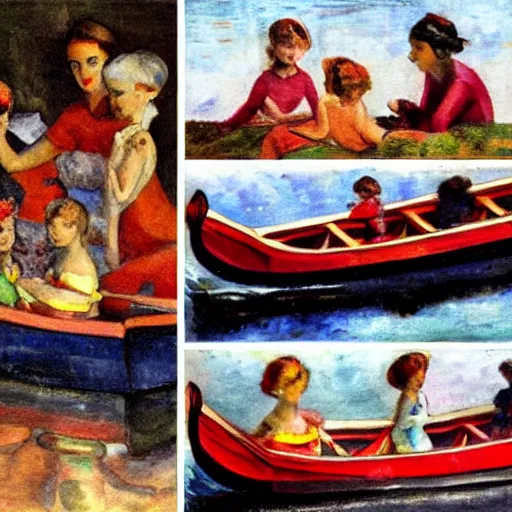 Prompt: rich details red by max weber. the collage of a group of well - dressed women & children enjoying a leisurely boat ride on a calm day. the women are chatting & laughing while the children play with a toy boat in the foreground.