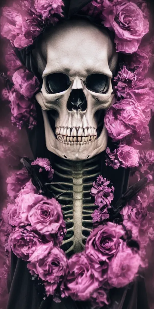 Prompt: cinematic shot epic portrait skeleton wearing a dark robe covered in flowers, hyper realistic, mood lighting, fantasy, detailed face, highly detailed, super realistic, perfect lighting javascript