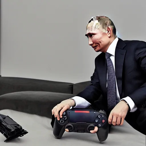 Prompt: putin playing with playstation 5