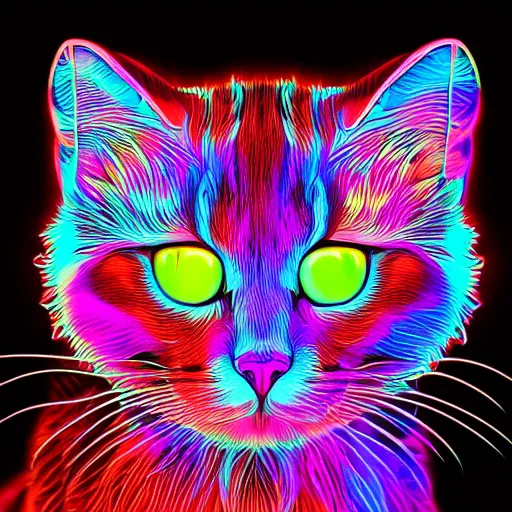 Image similar to concept character colorful fractal cute cat glowing luminescent detailed filigree on black background 4 k