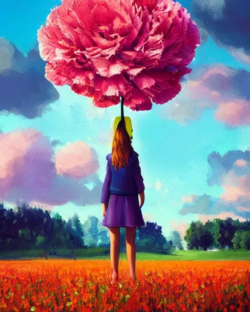 Image similar to girl with a giant carnation head, surreal photography, flower field, sunset dramatic light, impressionist painting, colorful clouds, blue sky, digital painting, artstation, simon stalenhag