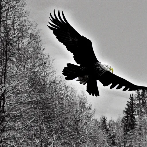 Prompt: a black and white eagle, flying over a forest with a river