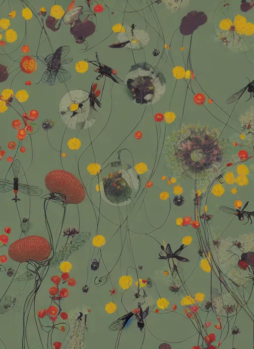 Image similar to garden flowers pattern, berries, dragonflies | illustrated by satoshi kon and greg rutkowski, 7 0's vintage sci - fi flat surreal design