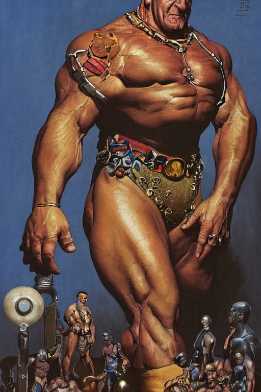 Image similar to upper body and head portrait of huge dorian yates as marvel character wearing pants and shirt and boots and gold jewellery round his neck by alex ross and lawrence alma tadema and zdzislaw beksinski and norman rockwell and jack kirby and tom lovell and greg staples