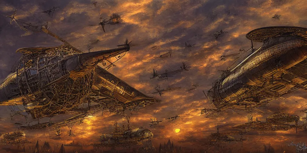 Image similar to Steampunk Air Haven, Zeppelins, digital Art, sunset lighting