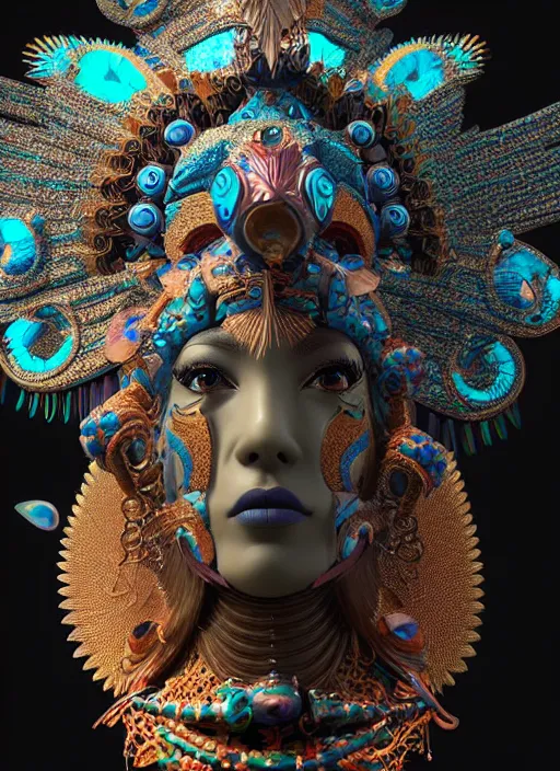 Prompt: 3 d goddess close - up profile portrait. beautiful intricate highly detailed mexican magpie helm and traditional mexican huipil! quetzalcoatl, stingray, bio luminescent, plasma, lava, ice, water, wind, stormy, creature, artwork by tooth wu and wlop and beeple and greg rutkowski, octane 3 d render