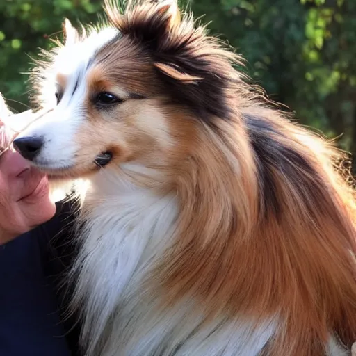 Prompt: a giant Sheltie is looking down at it's ant sized human owner