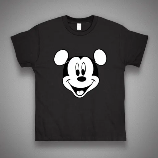 Prompt: sweat stain mickey mouse on a crusty old black t - shirt, 8 k studio photo.