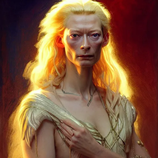 Image similar to young adult tilda swinton as lucifer morningstar, long blond hair, natural lighting, path traced, highly detailed, high quality, digital painting, by gaston bussiere, craig mullins, alphonse mucha j. c. leyendecker