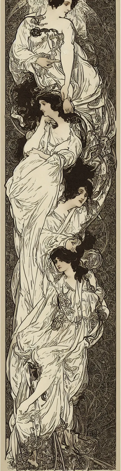 Prompt: engraving by alphonse mucha and gustave klint