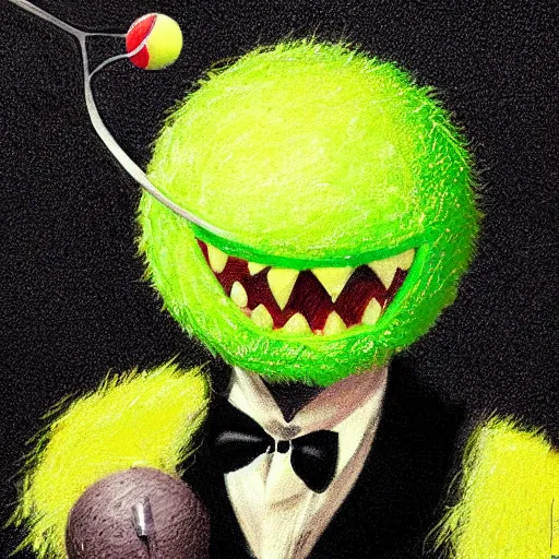 Prompt: a tennis ball monster, tennis ball, dark, chalky, harry potter, digital art, fantasy, magic, trending on artstation, ultra detailed, professional illustration by Basil Gogos