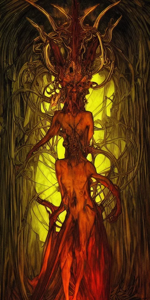 Image similar to intense glowing black metal pagan god with horns and veins and intense glowing eyes and a blood skull in very dark wooden cathedral by beksinski and alphonse mucha and artgerm and karol bak, portrait, fantasy, clear, light beams, lens flare, intense, uhd, amazing depth, cinematic lighting, shining gold and black and red