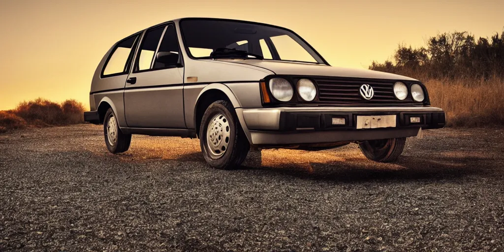 Image similar to a lonely rusty silver 1985 VW Golf in a vacant gravel lot, wide angle, golden hour, panorama, detailed digital art