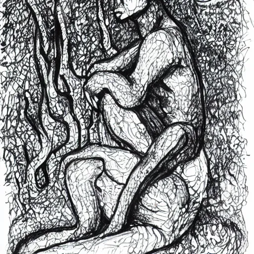 Prompt: The Thinker Sculpture covered in mushrooms & peyote & ayahuasca vines, sitting in a dense luscious forest, ink sketch, Naturalist