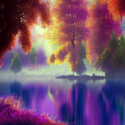 Image similar to A lake covered in purple mist. Award-winning digital art; trending on ArtStation