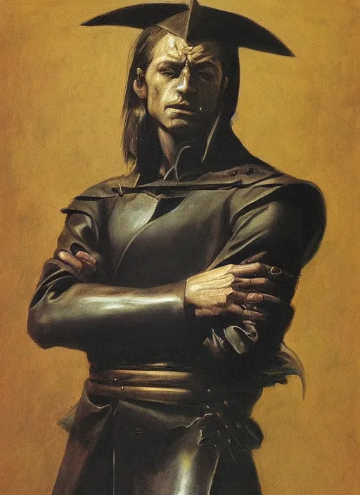 Image similar to portrait of noble duelist, coherent! by mariusz lewandowski, by frank frazetta, deep color, strong line, minimalism, high contrast