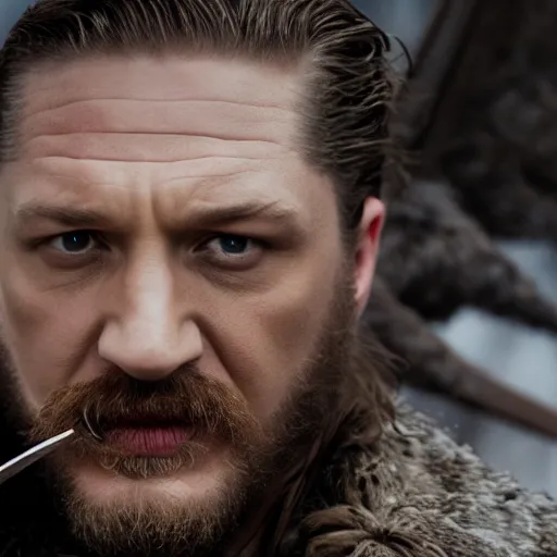 Prompt: A cinematic film still of Tom Hardy starring as Eddard Stark with sword made of flame, portrait, 40mm lens, shallow depth of field, split lighting, cinematic