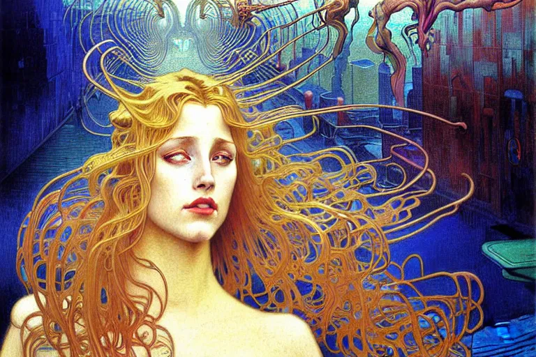 Image similar to realistic extremely detailed full length portrait painting of a girl with blond hair in a crowded modern sci-fi city street by Jean Delville, Amano, Yves Tanguy, Alphonse Mucha, Ernst Haeckel, Edward Robert Hughes, Roger Dean, rich moody colours, blue eyes