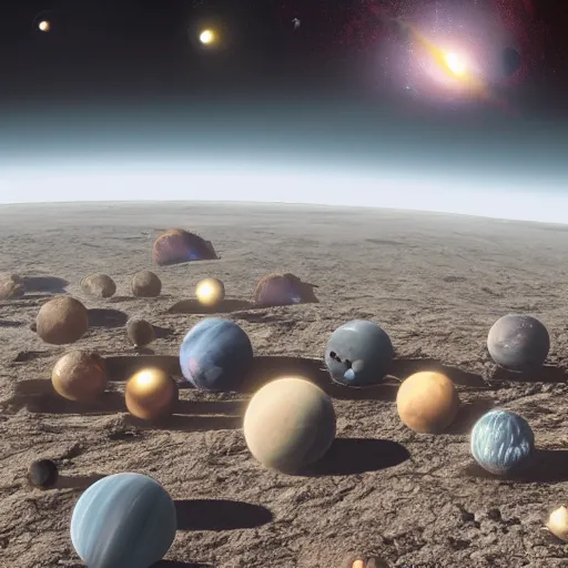 Image similar to photo of mob of planets in galactic mealstrom, vray