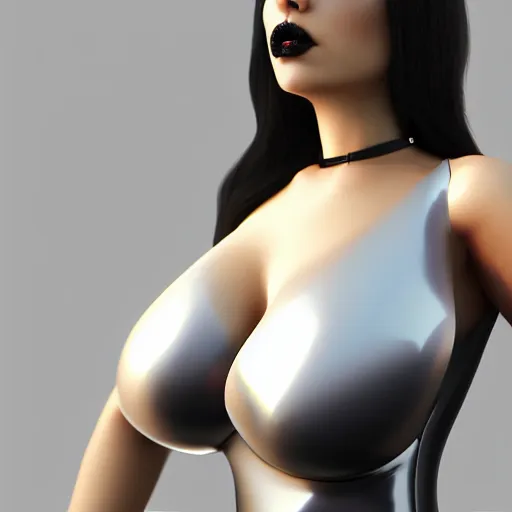 Prompt: feminine hot pale goth woman with tight curvy shiny outfit, photorealistic, sublime, welcoming posture, 16k, smooth, sharp focus, cgsociety, ArtStation, volumetric lighting