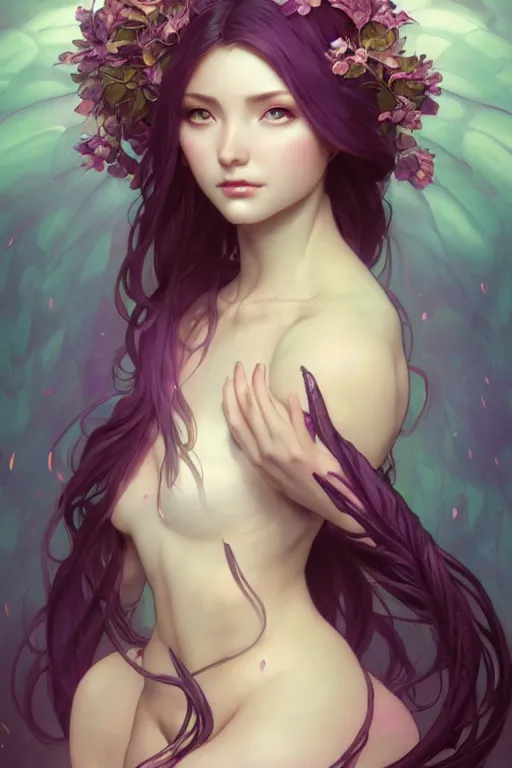 Prompt: character concept art portrait, magnolia mage, a seductive nature goddess in the style of artgerm, wlop, greg rutkowski, alphonse mucha and ayami kojima, realistic details, volumetric lighting, very very very very beautiful symmetrical face, trending on artstation, artstationhd, artstationhq, unreal engine, 4 k, 8 k