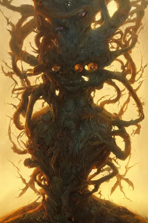 Image similar to portrait of tree devil by Peter Mohrbacher and Peter Gric, volumetric lighting, good composition, trending on artstation, polarizer filter, in the golden hour