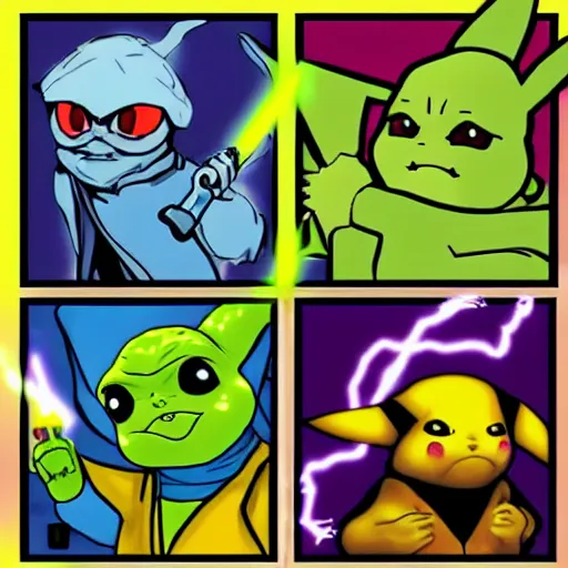 Prompt: Yoda versus Darth pikachu, jedi sith lightsaber battle, dramatic duel of the fates, in the style of pokemon, cartoon, bright colours