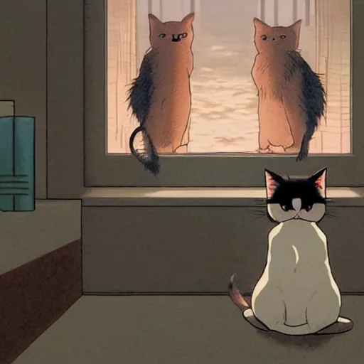 Image similar to a cat watches the end of the world, by satoshi kon