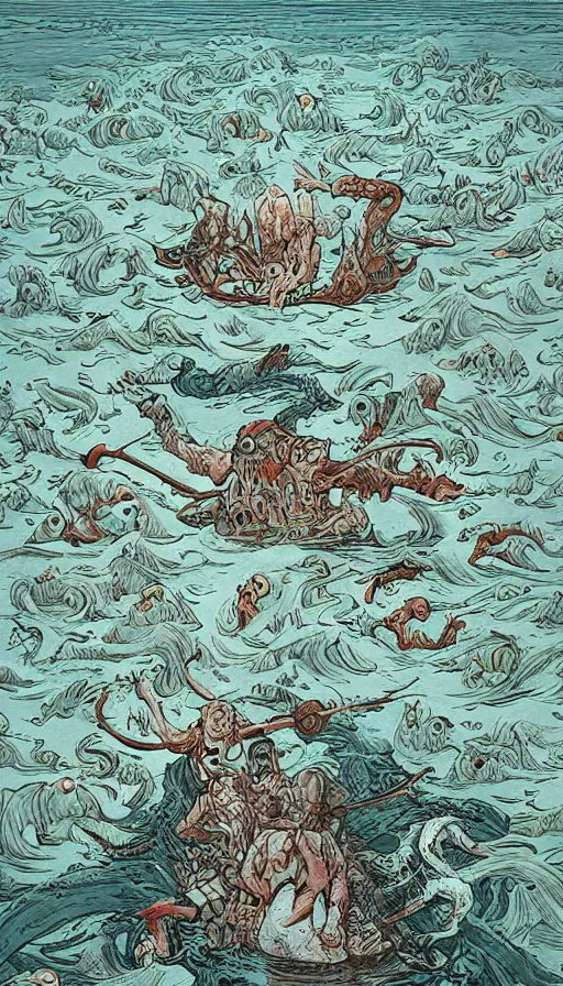 Image similar to man on boat crossing a body of water in hell with creatures in the water, sea of souls, by james jean,