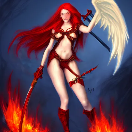 Image similar to fantasy concept art, winged! red hair woman!! flaming sword!!! ( ( ( plate armor ) ) ) ( ( ( ( devilish smile ) ) ) ), 4 k, painting